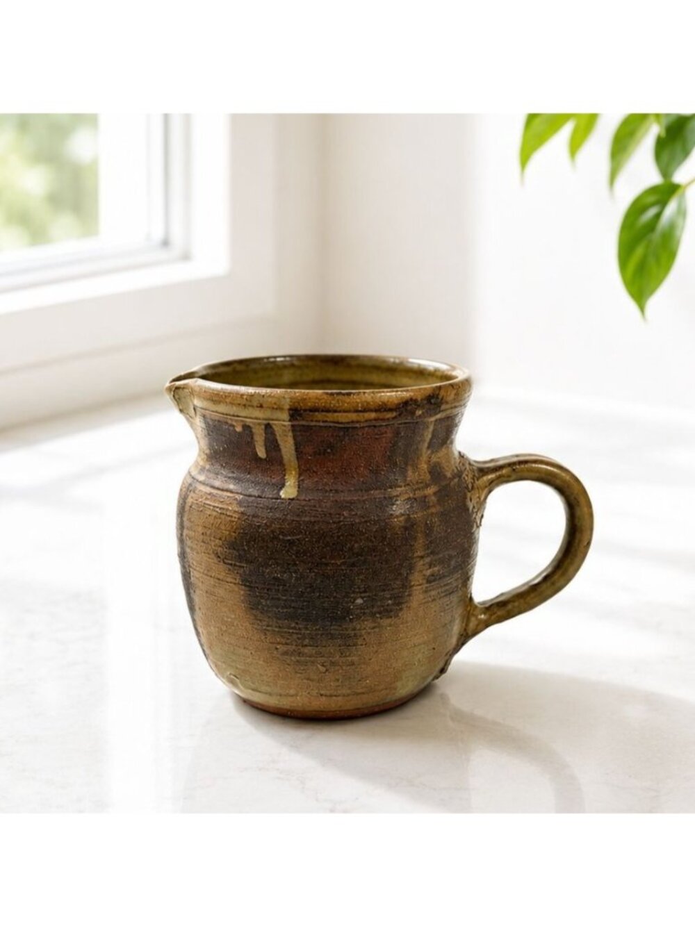 Handcrafted Vintage Ceramic Pitcher With Spout & Handle Rustic Brown Glaze 5" Ta
